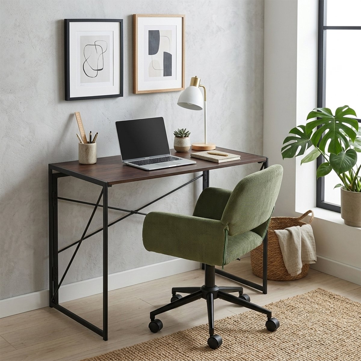 Bureau à piètement pliable industriel, HARPER noyer, MEUBLES COSY