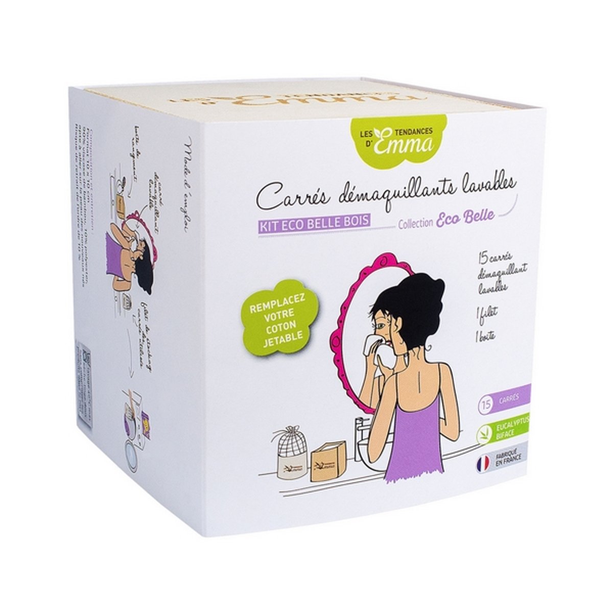 Kit Eco Belle Bois 15 carrés démaquillants en Eucalyptus couleur unique, LES TENDANCES D EMMA