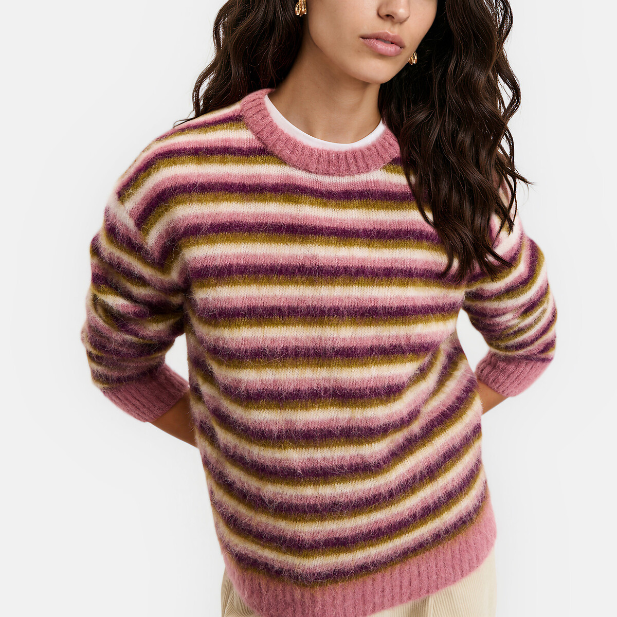 Pull col rond à rayures, en alpaga mélangé rayé multicolore, LA REDOUTE COLLECTIONS