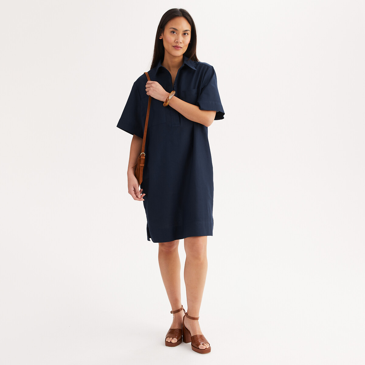 Abito dritto a maniche corte in lino e cotone blu marino, ANNE WEYBURN