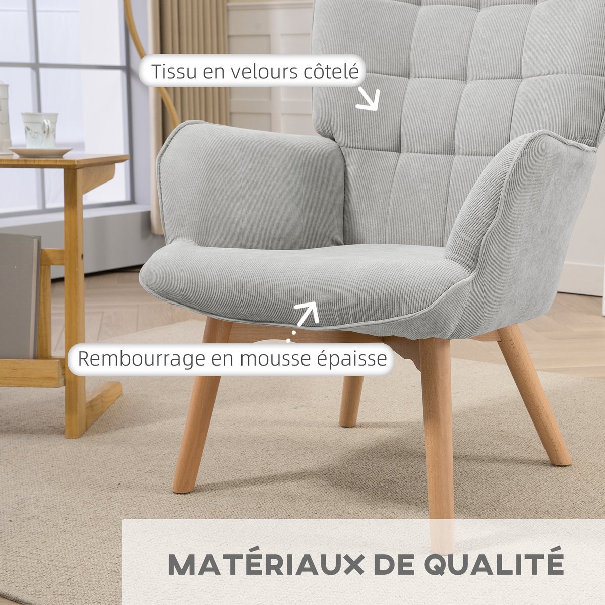 Fauteuil d'appoint avec repose-pieds gris, HOMCOM