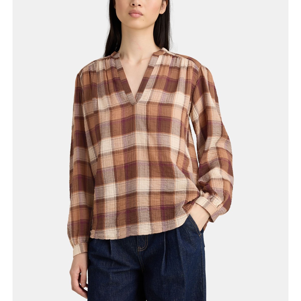 Blouse confort olone à carreaux coton bio marron et rouge, JODHPUR