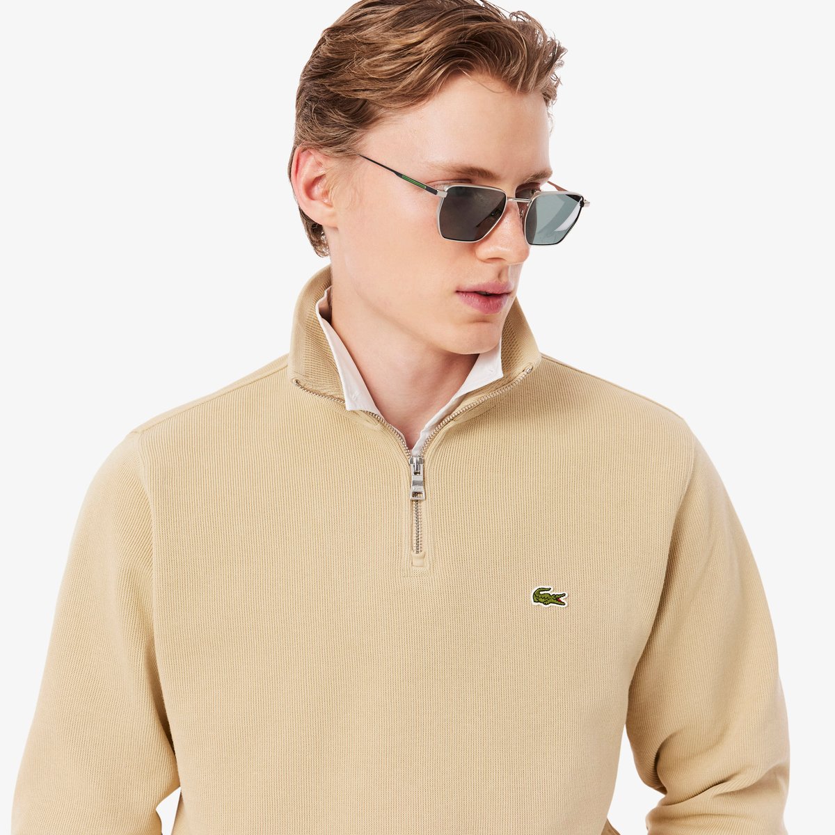 Sweatshirt zippé interlock col montant beige-8xf, LACOSTE