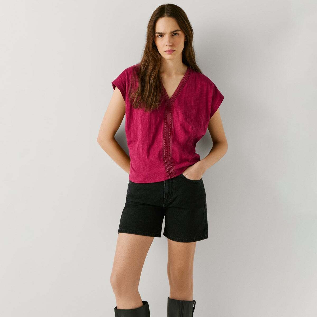 T-Shirt À Col V Avec Détails Ajourés rose canneberge, PEPE JEANS