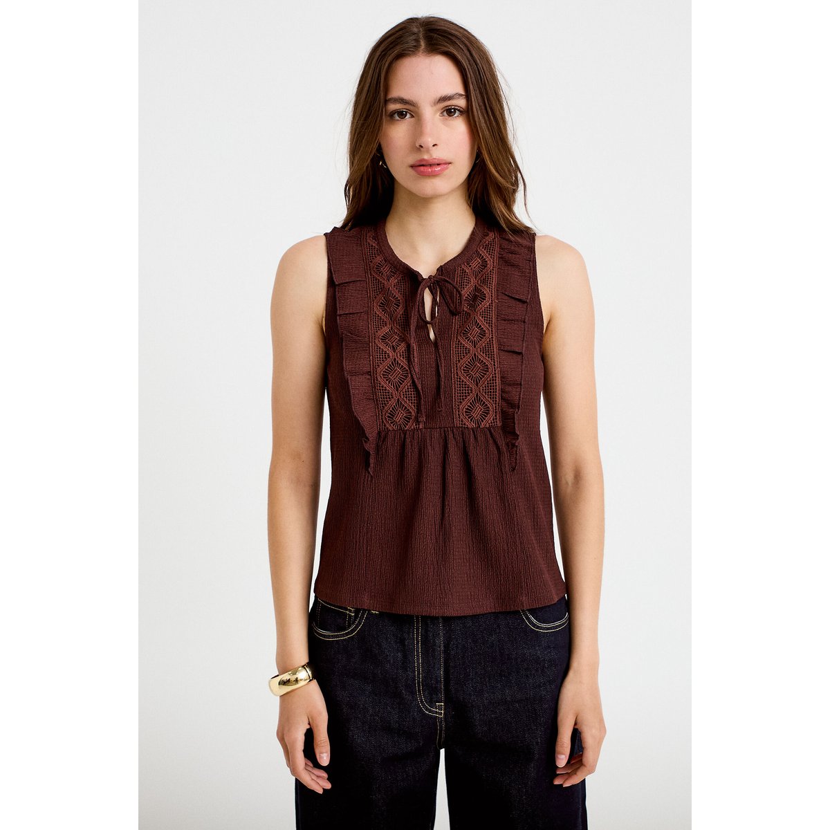 Blouse sans manches col v marron, CACHE CACHE