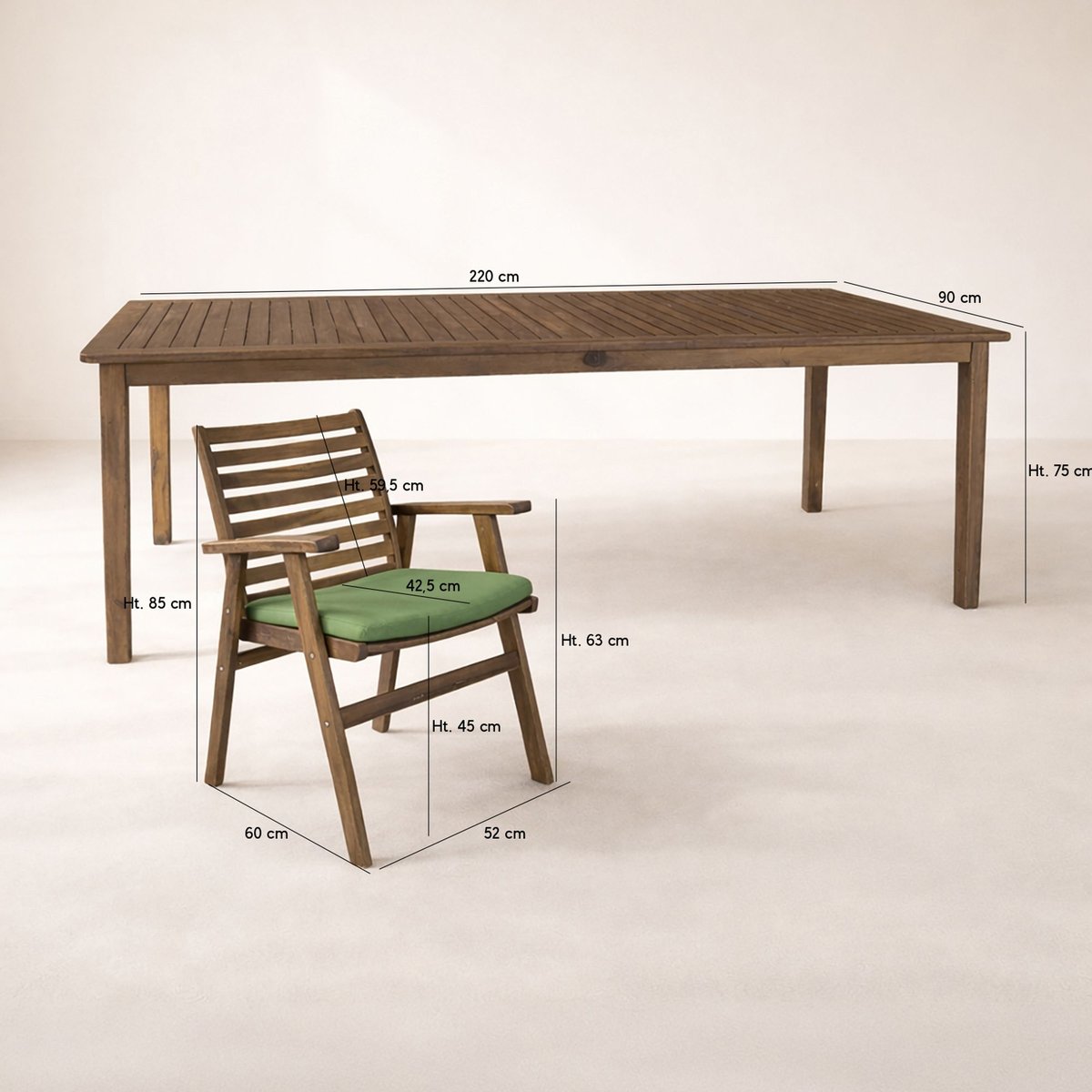 Salon de jardin table 220cm et 8 fauteuils en bois d'acacia et tissu, PALAU brun chaud, NOW'S HOME