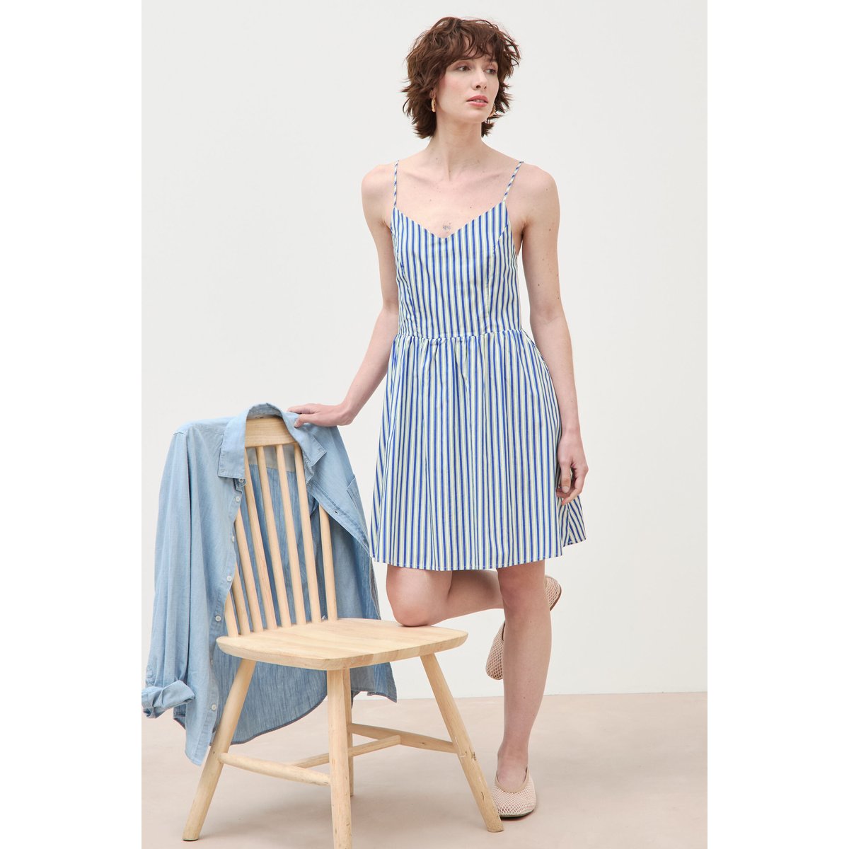 Robe bretelle col cœur en coton bleu clair, BONOBO
