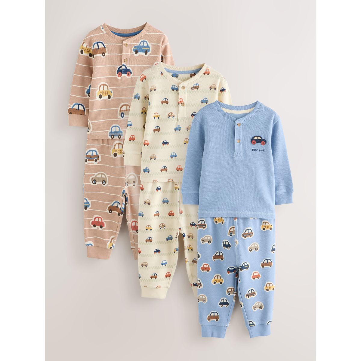 Pyjama douillet à motif transport, lot de 3 écru/bleu/beige, NEXT