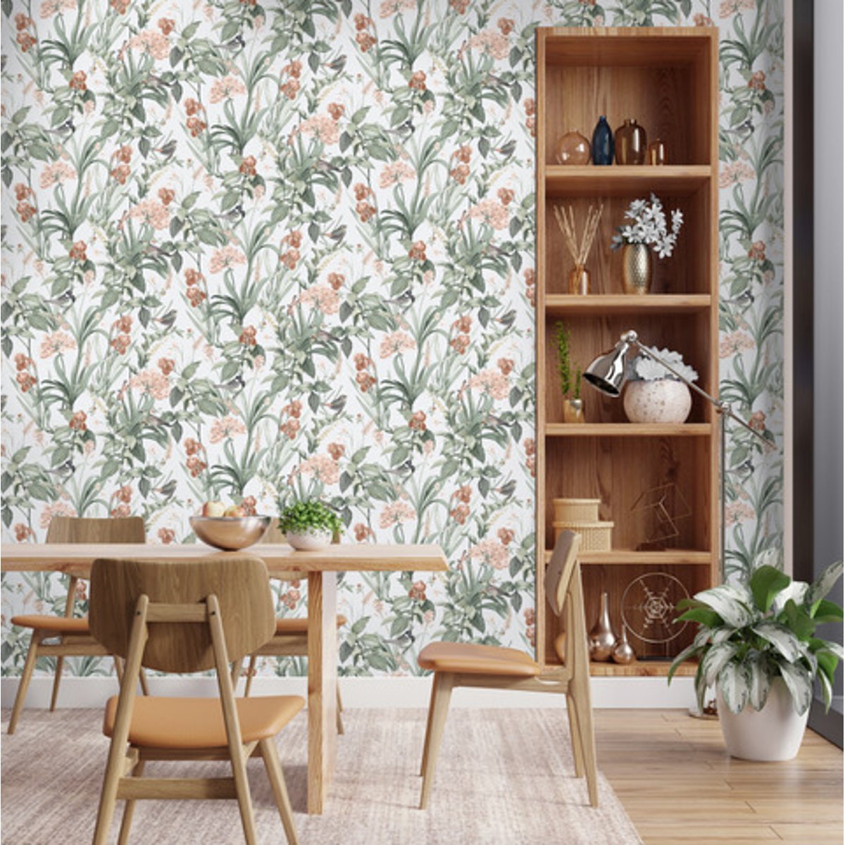 Papier peint jardin fleuri oiseaux fond bleu glacier vert, HEXOA