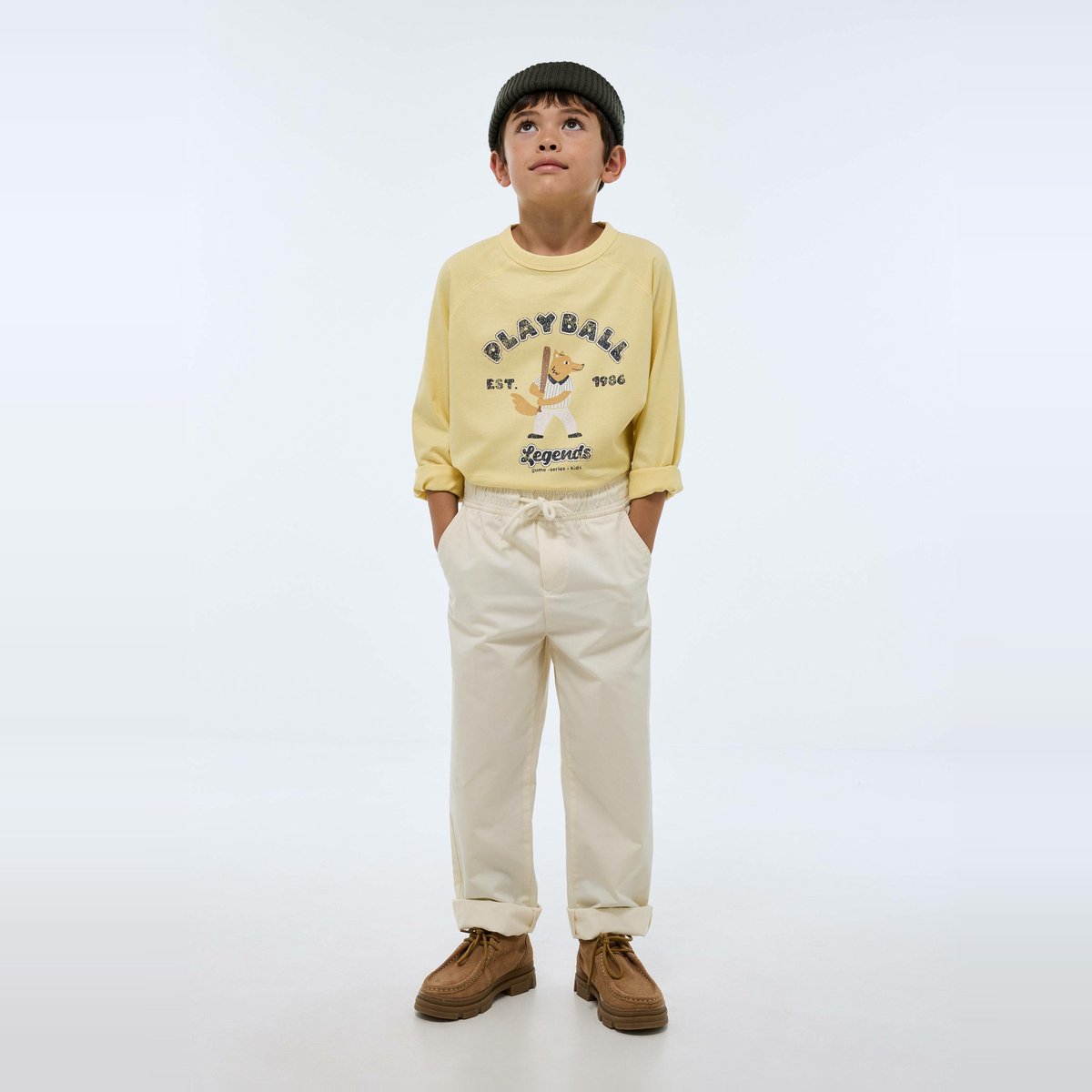 Pantalon droit taille élastiquée en coton winter white, MONOPRIX