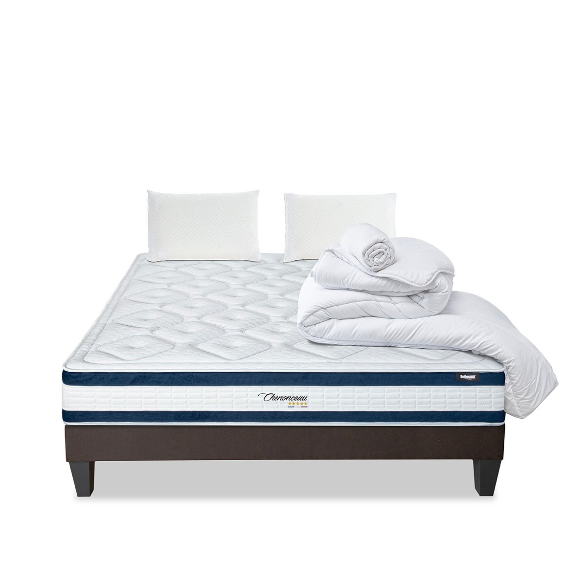 Pack Chenonceau 90x190 cm Matelas Mousse + Sommier Bois + Accessoires blanc, BELLECOUR