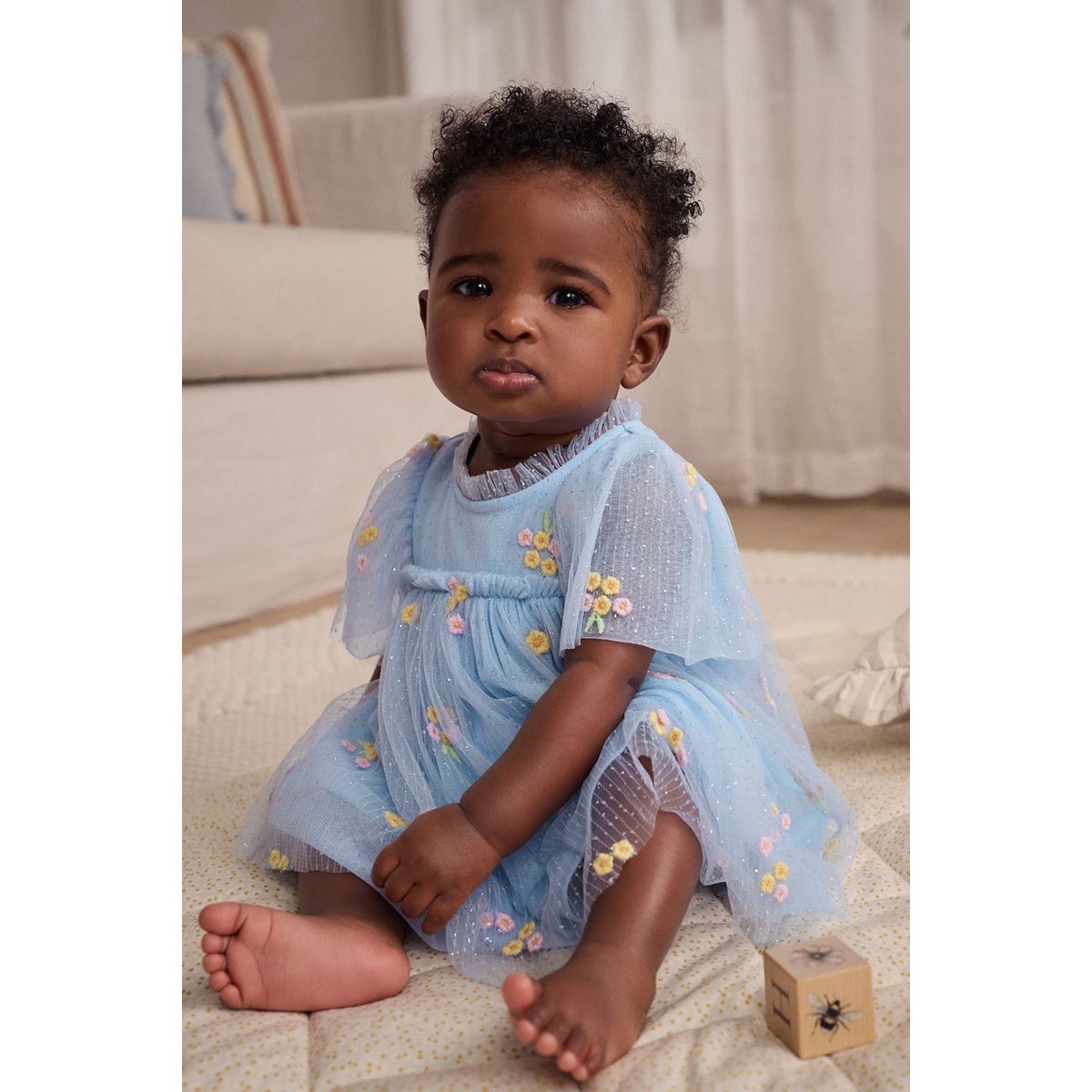 Robe en mesh bébé fleur bleue brodée, NEXT