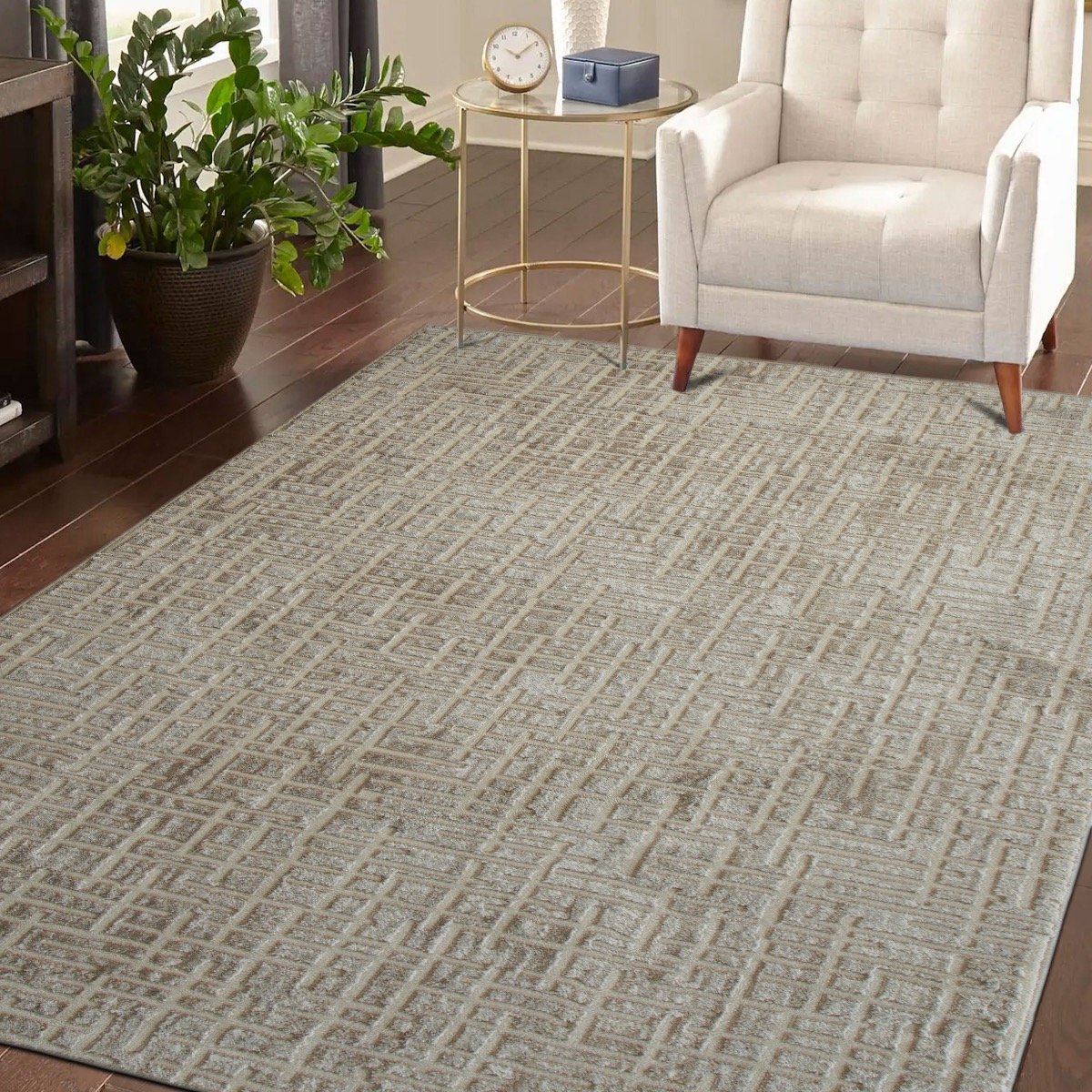 Tapis de salon moderne motif géométrique GOYAVE PRINT beige, THE DECO FACTORY
