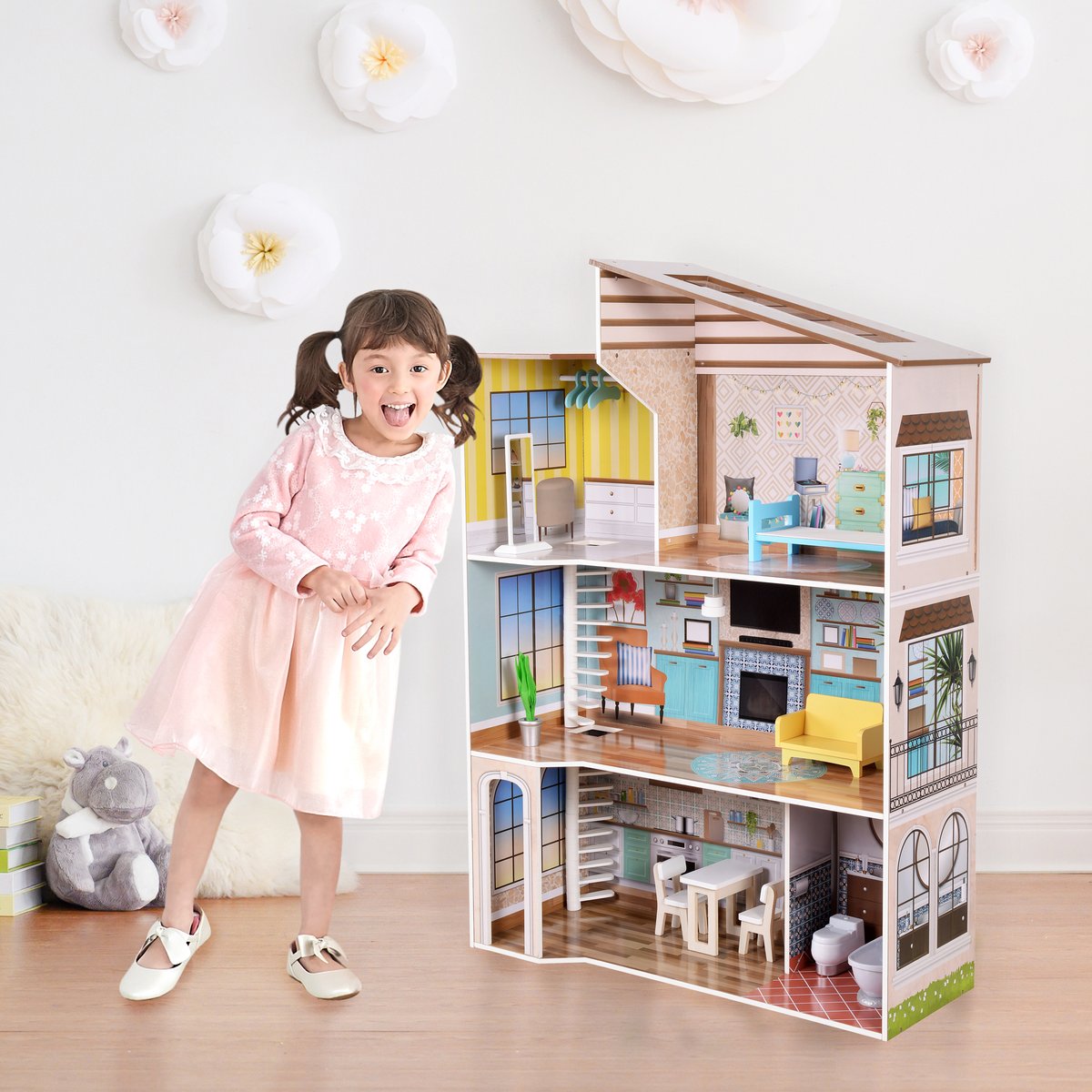 Maison Poupée Bois 3 Étages rose, TEAMSON KIDS