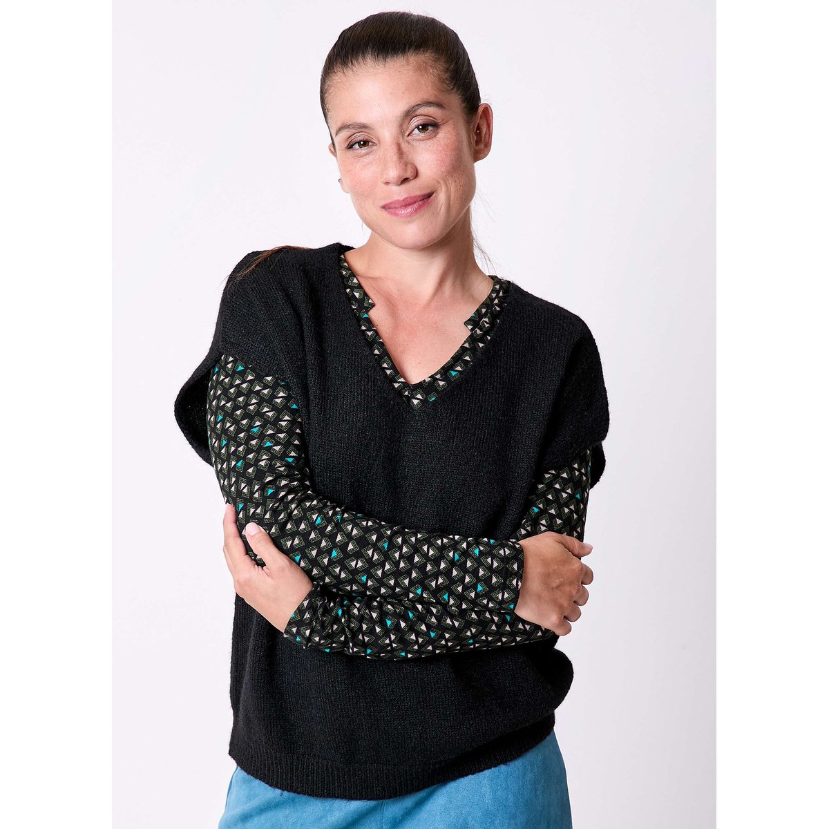 Pull tricot sans manche uni DAKILA noir chiné, LA FIANCÉE