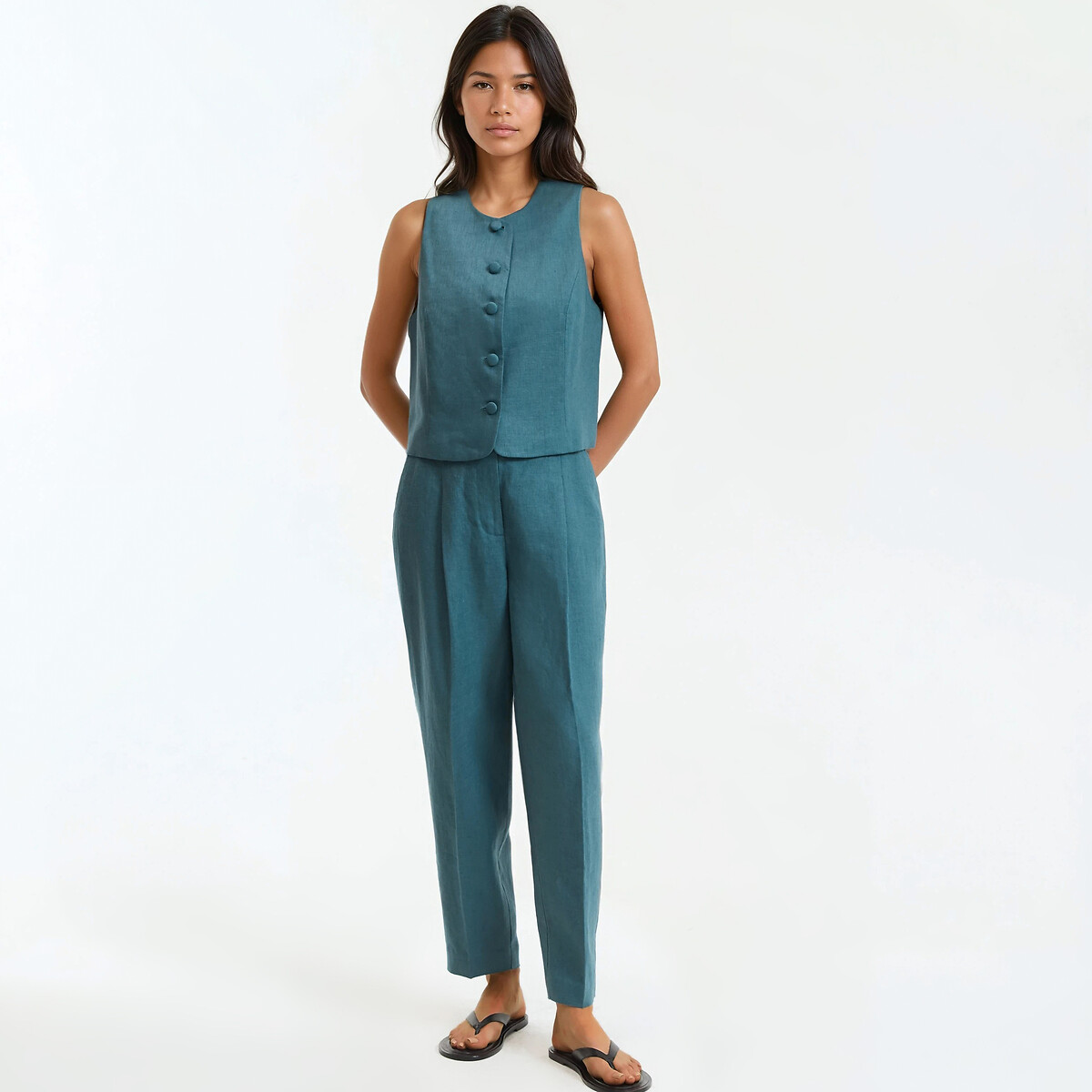 Gilet de costume court cintré en lin vert emeraude, LA REDOUTE COLLECTIONS