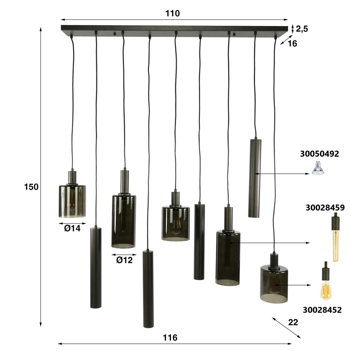 Suspension îlot cuisine verre brun et métal 9 lampes NOVA marron, PIER IMPORT