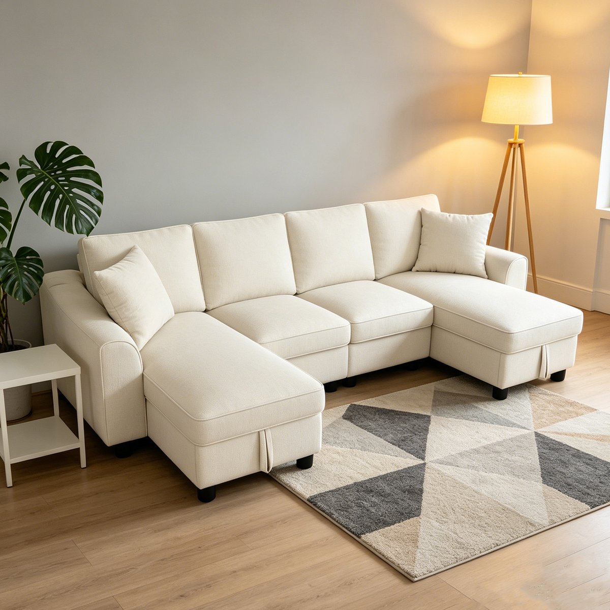 Canapé d'angle U coffre de rangement en chenille, VASEC beige, MEUBLES COSY