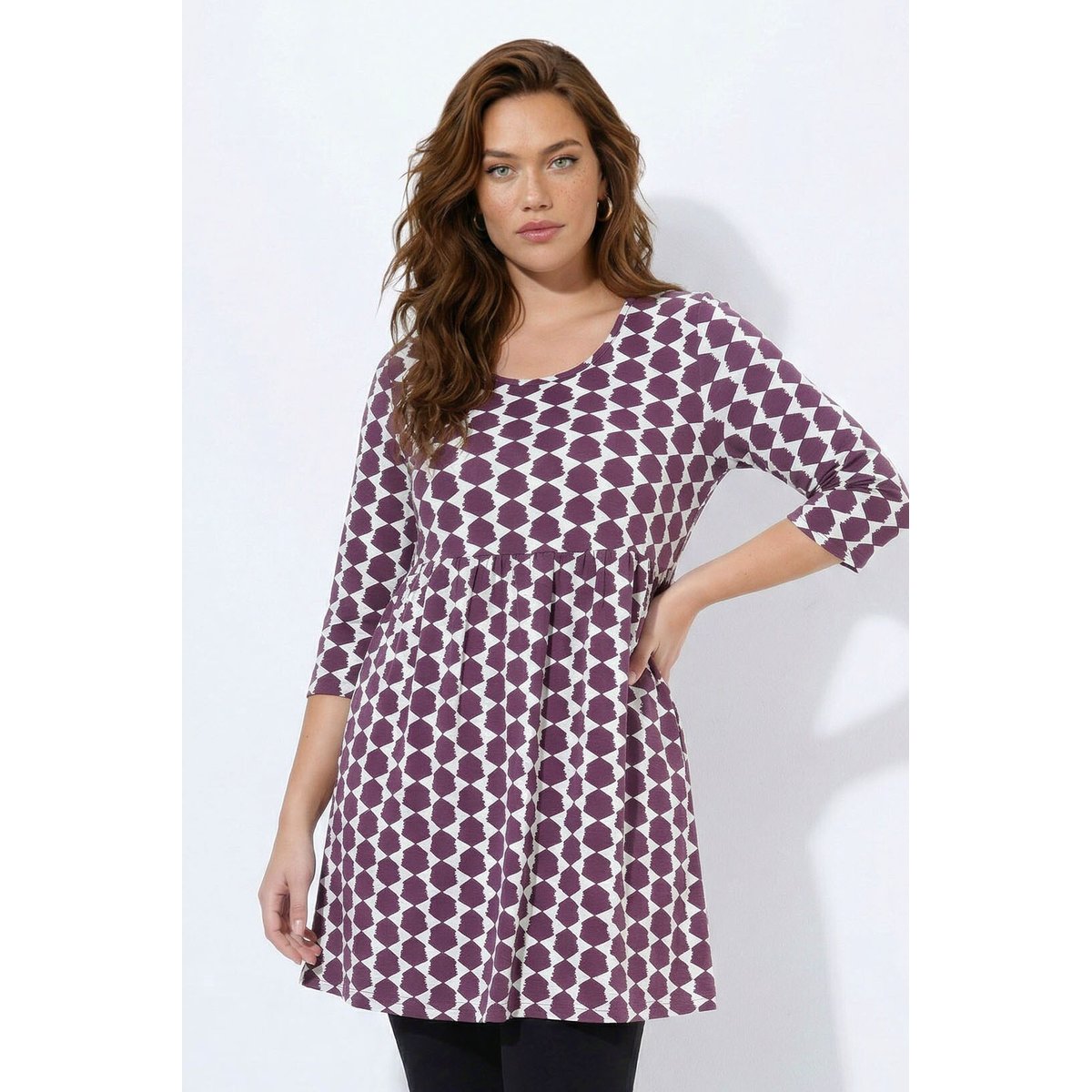 T-shirt long, imprimé graphique, coupe en A brun nougat, ULLA POPKEN