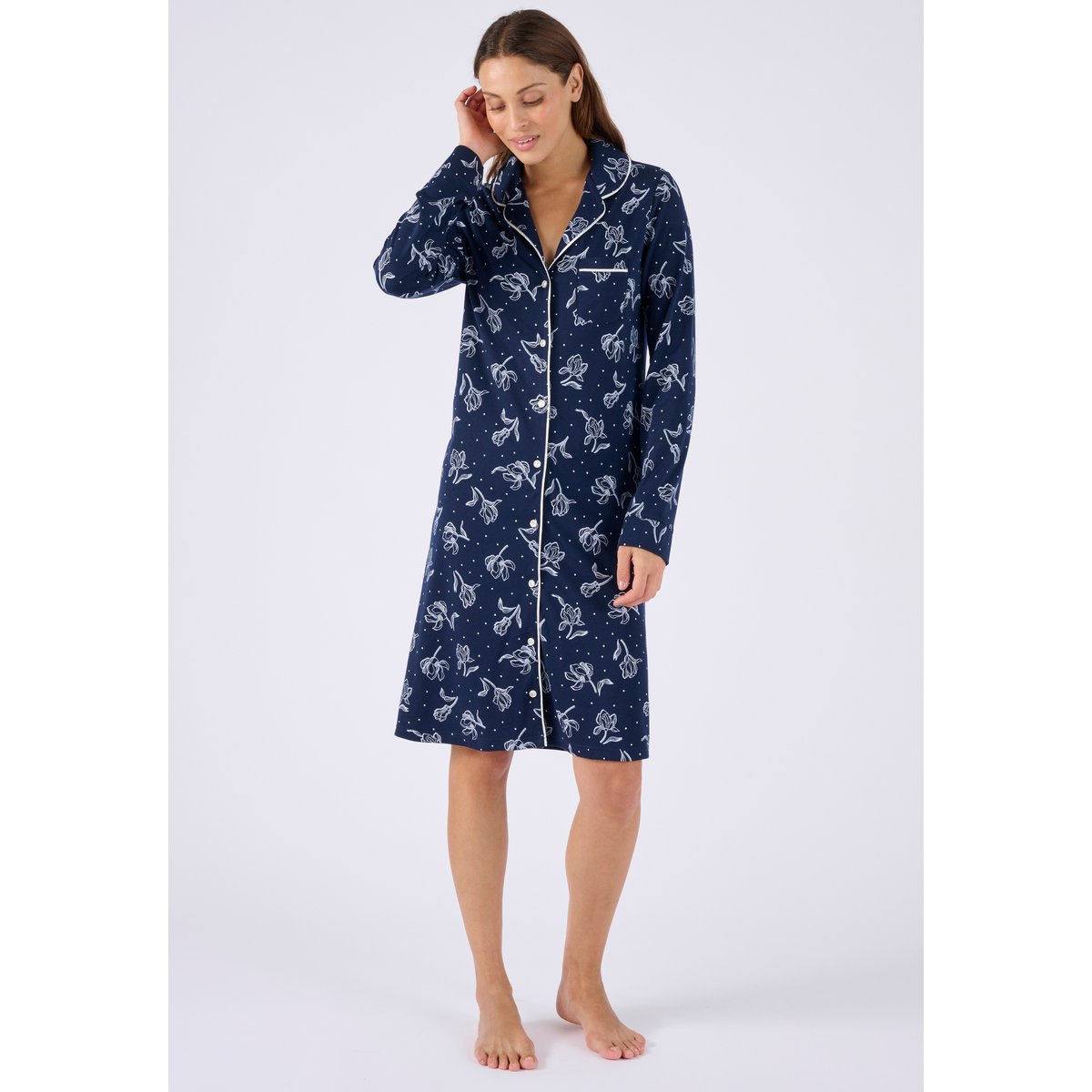Chemise de nuit boutonnée Thermolactyl bleu marine fleuri, DAMART