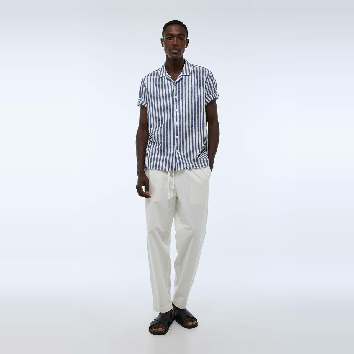 Chemise manches courtes rayée en lin et coton chine, MONOPRIX