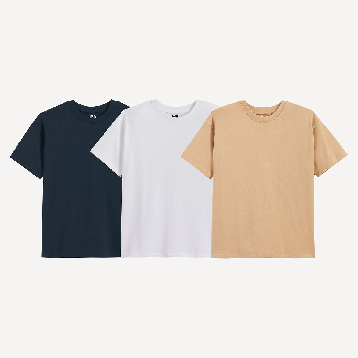Lot de 3 T-shirts manches courtes, à col rond bleu marine + beige, LA REDOUTE COLLECTIONS