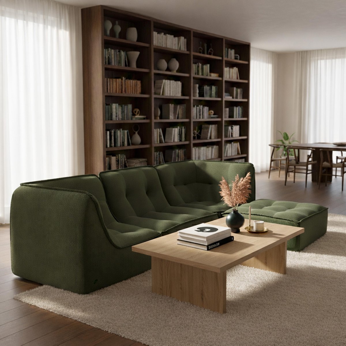 Canapé modulable 3 places en tissu côtelé avec pouf LIZY vert, OVIALA