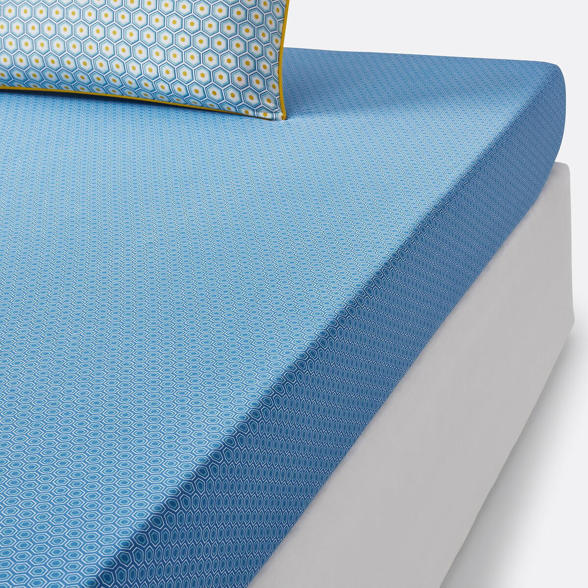 Drap housse coton, Pop Mozaic bleu turquoise/blanc/jaune, LA REDOUTE INTERIEURS