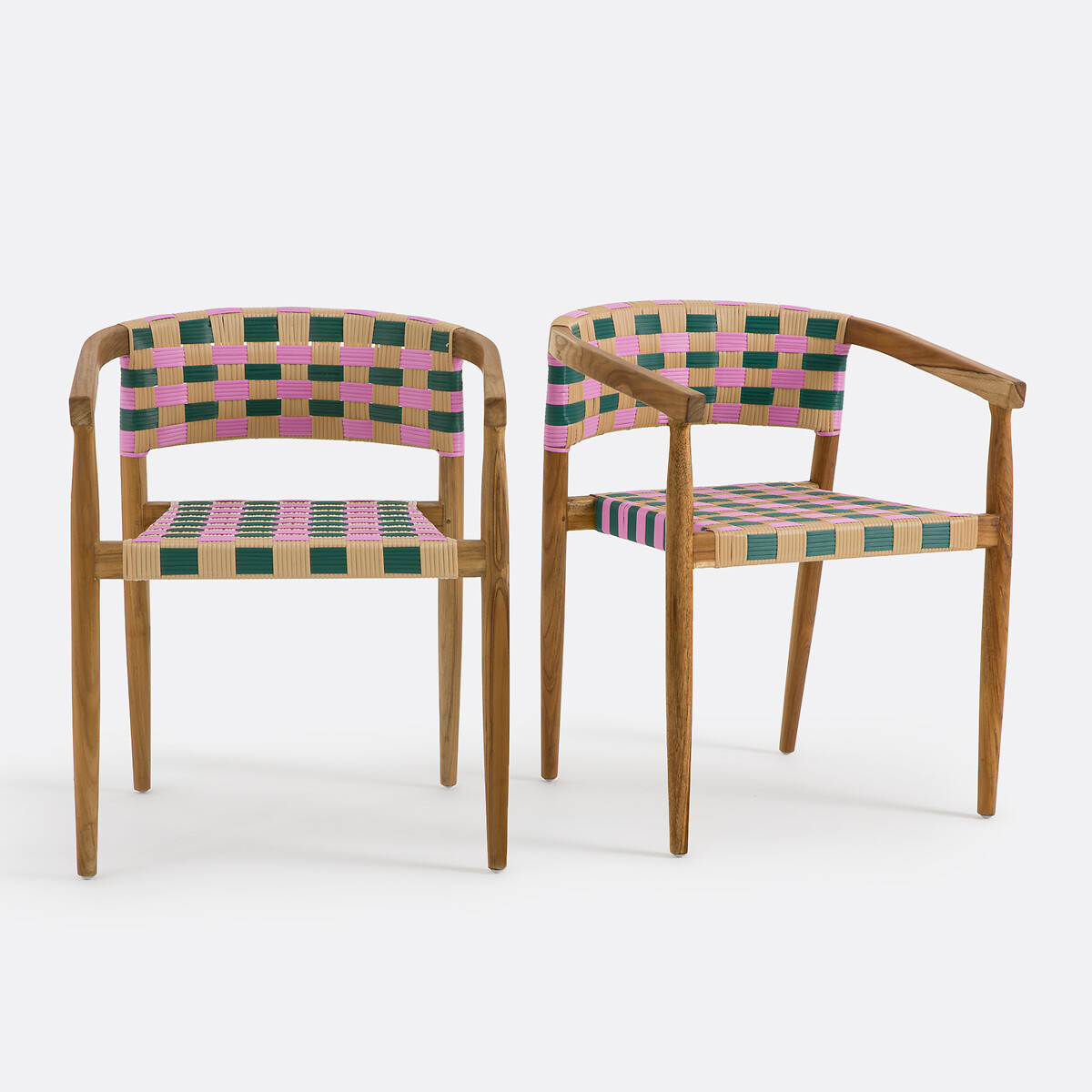 Set aus 2 Tischsesseln, aus massivem Teakholz und Harzgeflecht, BIANCA rosa kariert, LA REDOUTE INTERIEURS