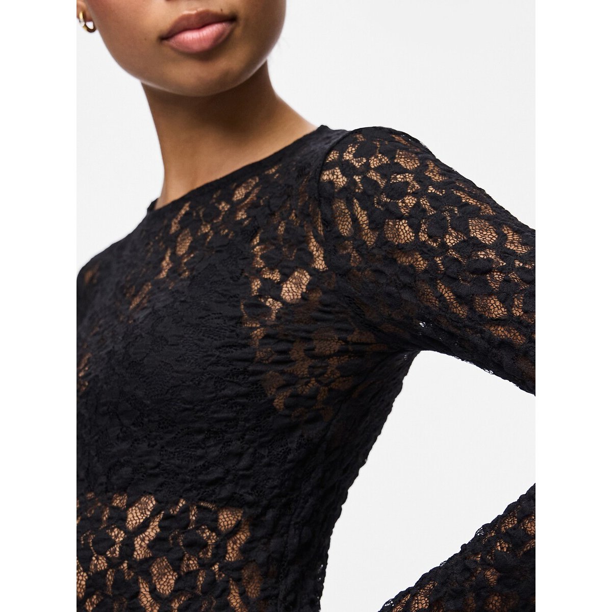 T-shirt manches longues en dentelle noir, PIECES