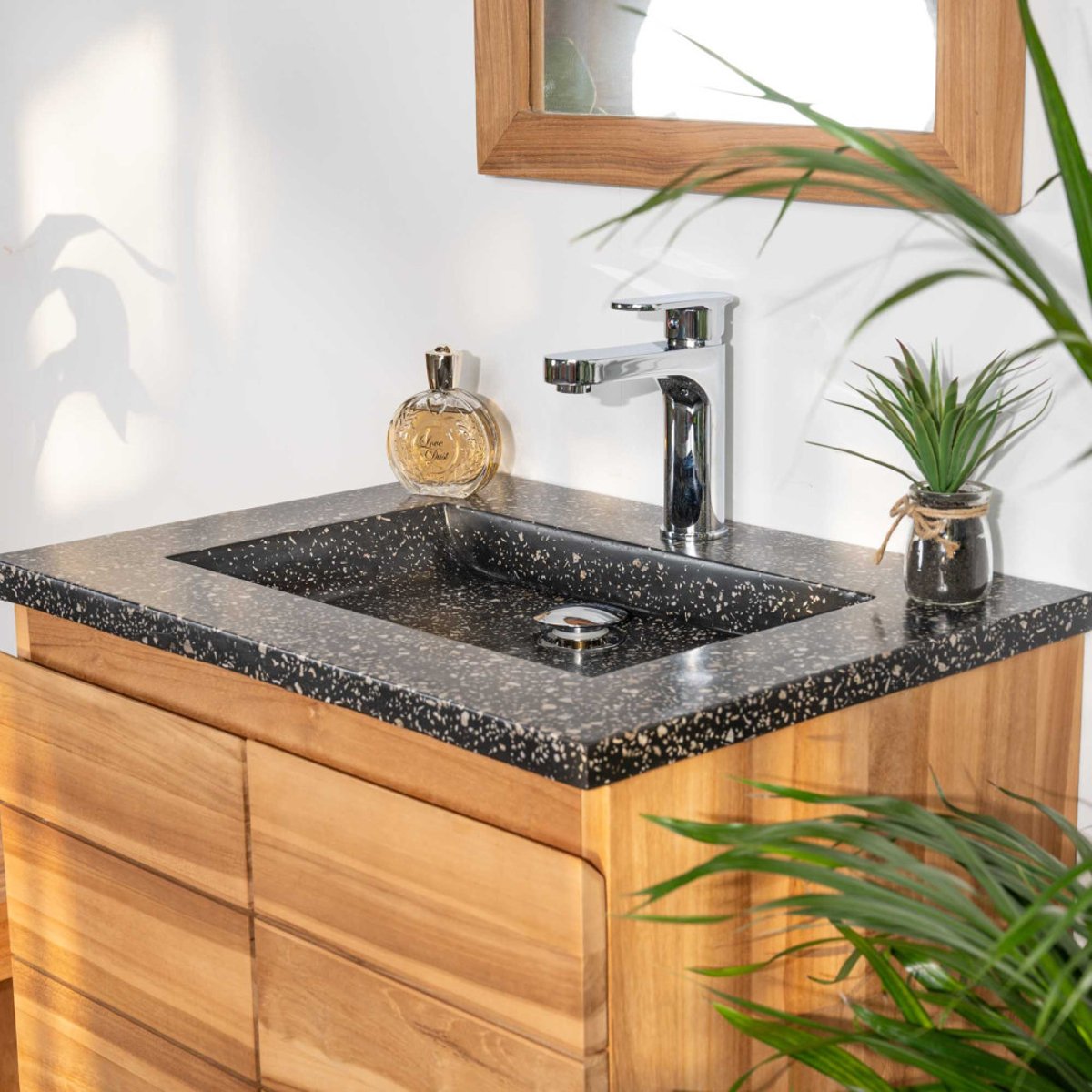 Meuble salle de bain en teck et terrazzo noir Ananta 60cm noir, WANDA COLLECTION