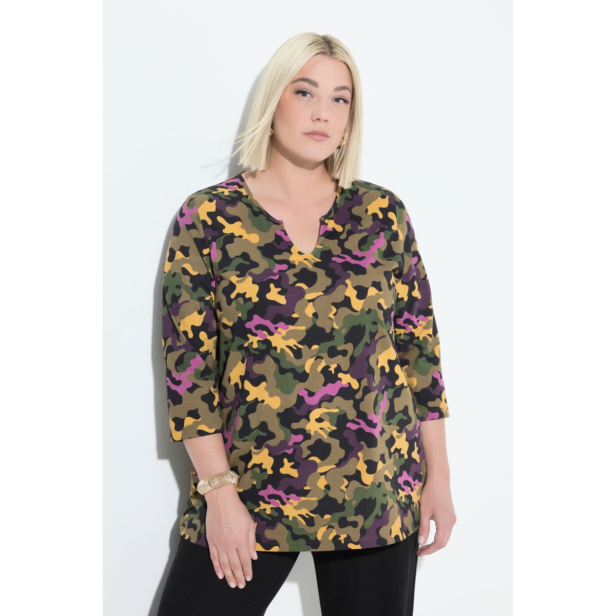 T-shirt col tunisien et manches 3/4 gris olive, ULLA POPKEN