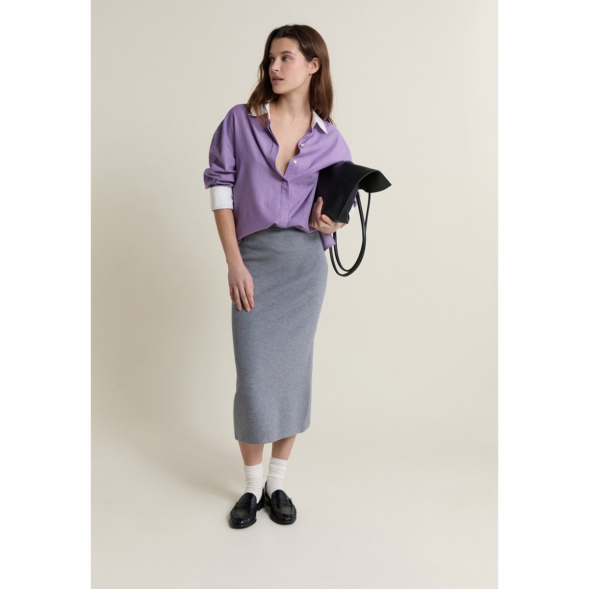 Jupe midi en tricot JEMILIE gris clair, ETAM