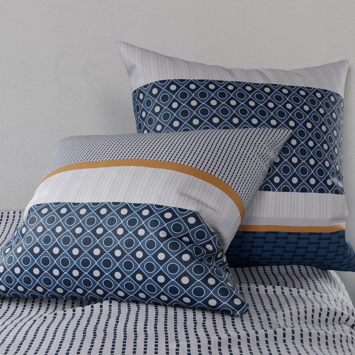 Parure imprimée avec housse de couette et taie(s) en coton, Zante jaune, ATELIER DU COTON