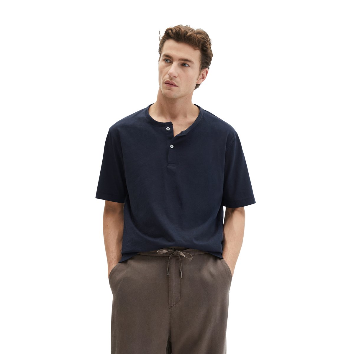 T-shirt DfC Henley regular en jersey slub doux bleu foncé, MARC O'POLO
