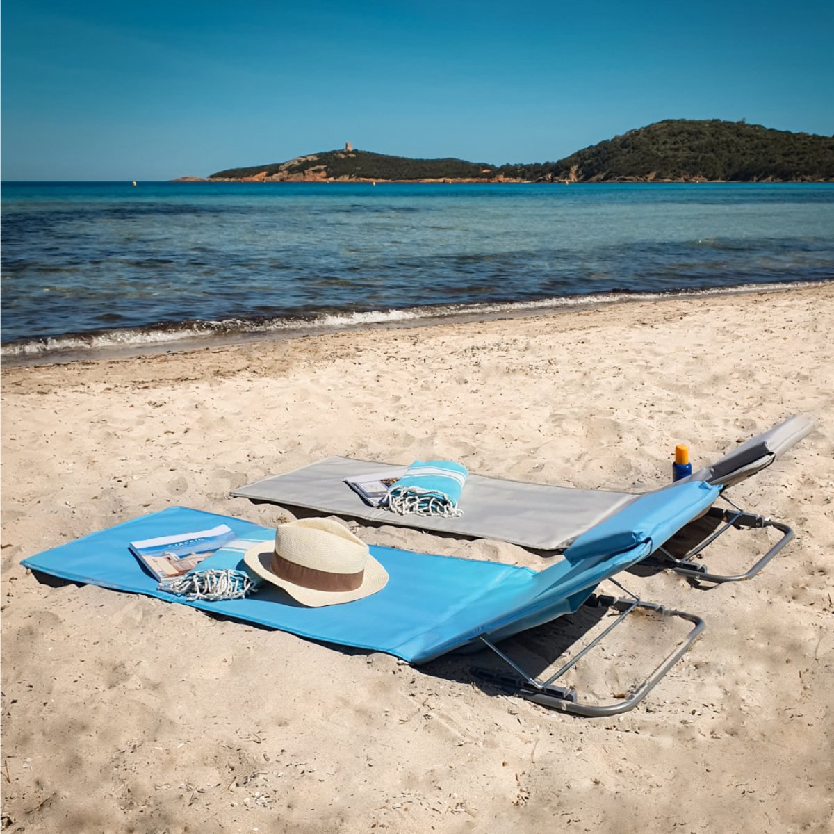 Matelas, transat, tapis de plage avec dossier inclinable et sac de transport gris, LINXOR