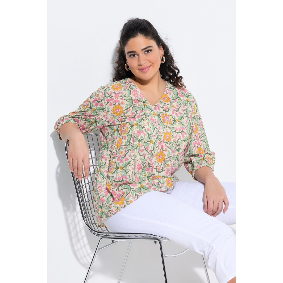 Chemisier, motif floral, coupe évasée blanc cassé, ULLA POPKEN