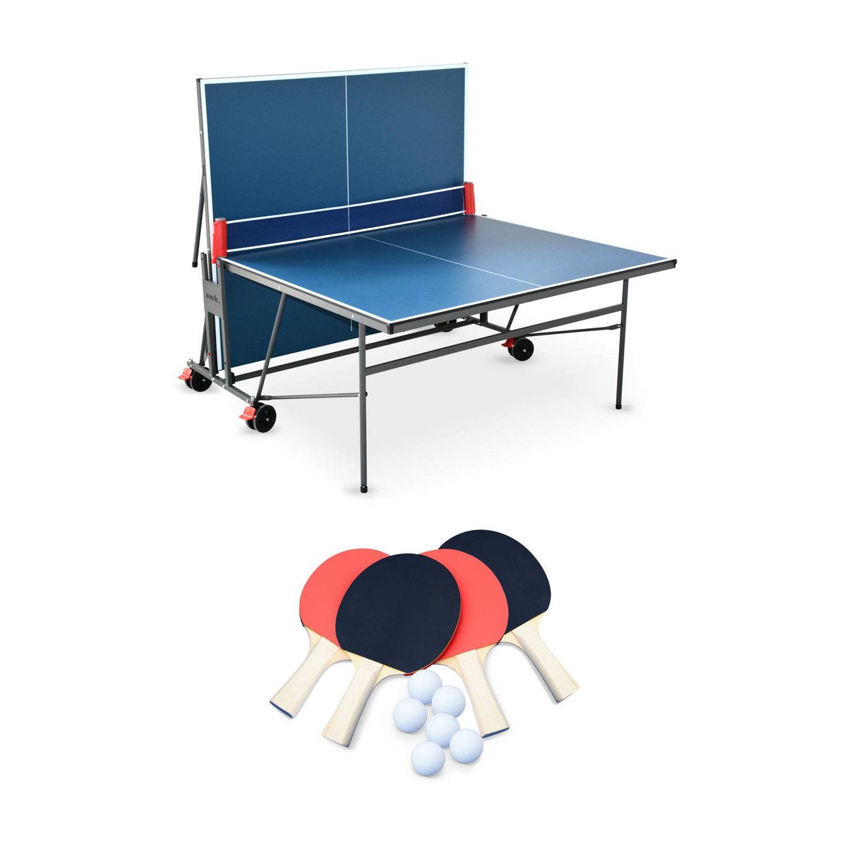 Table de ping pong intérieure pliante avec 4 raquettes et 6 balles TABLE DE PING PONG INTÉRIEURE PLIANTE + RAQUETTES bleu, SWEEEK