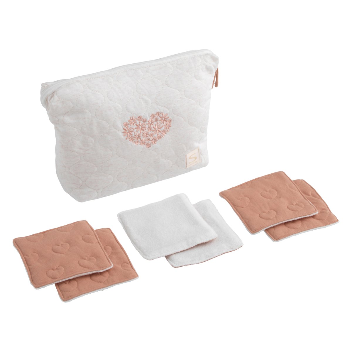 Trousse de toilette en coton matelassé et 6 carrés éponge blanc/rose, SAUTHON