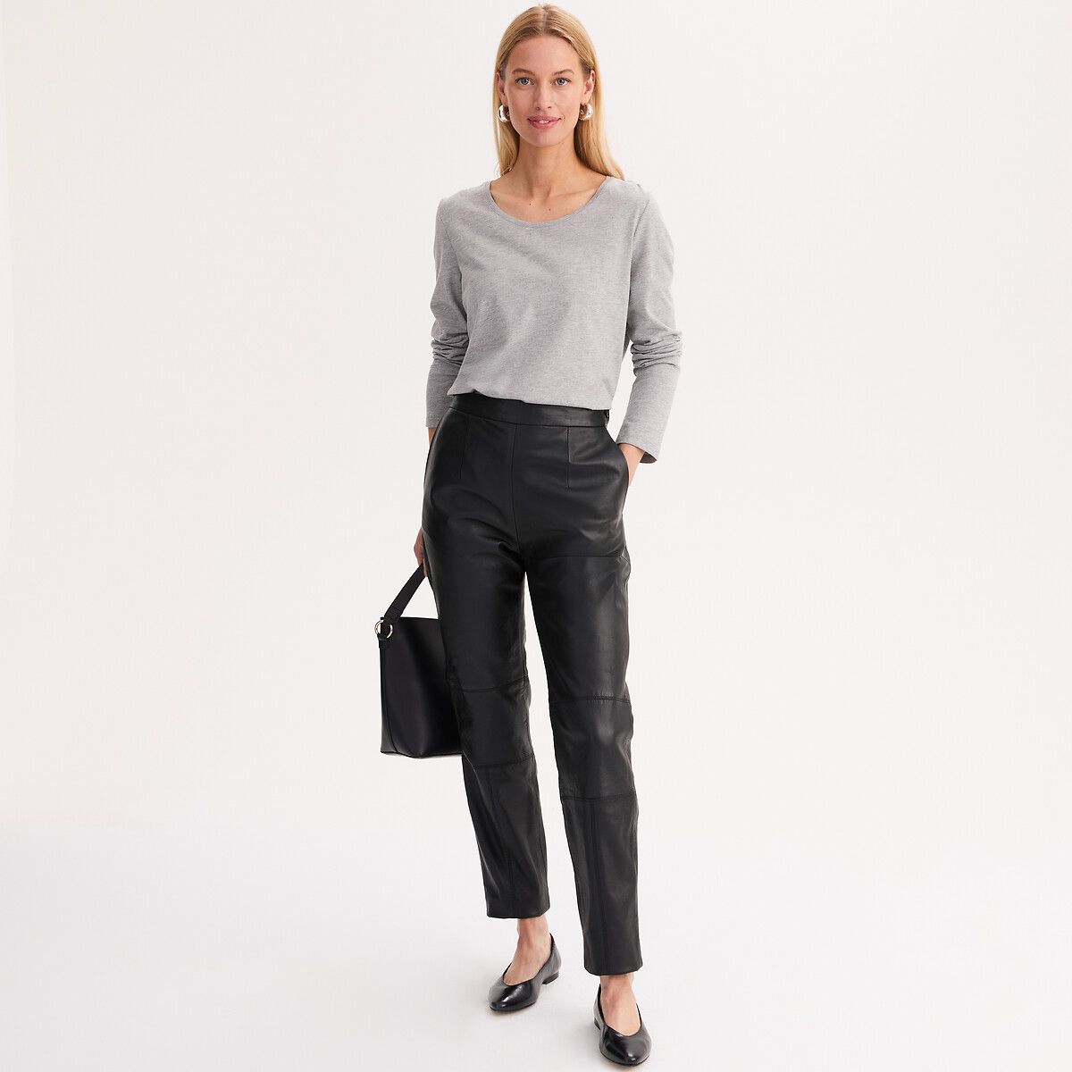 T-shirt col rond, manches longues gris chiné, ANNE WEYBURN