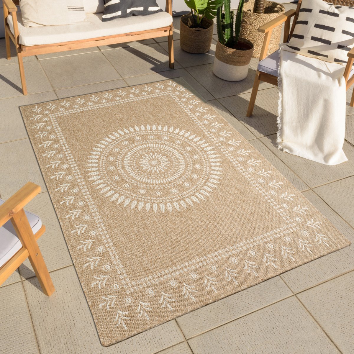 Tapis de salon intérieur extérieur motifs éthniques NATURE blanc, NAZAR RUGS