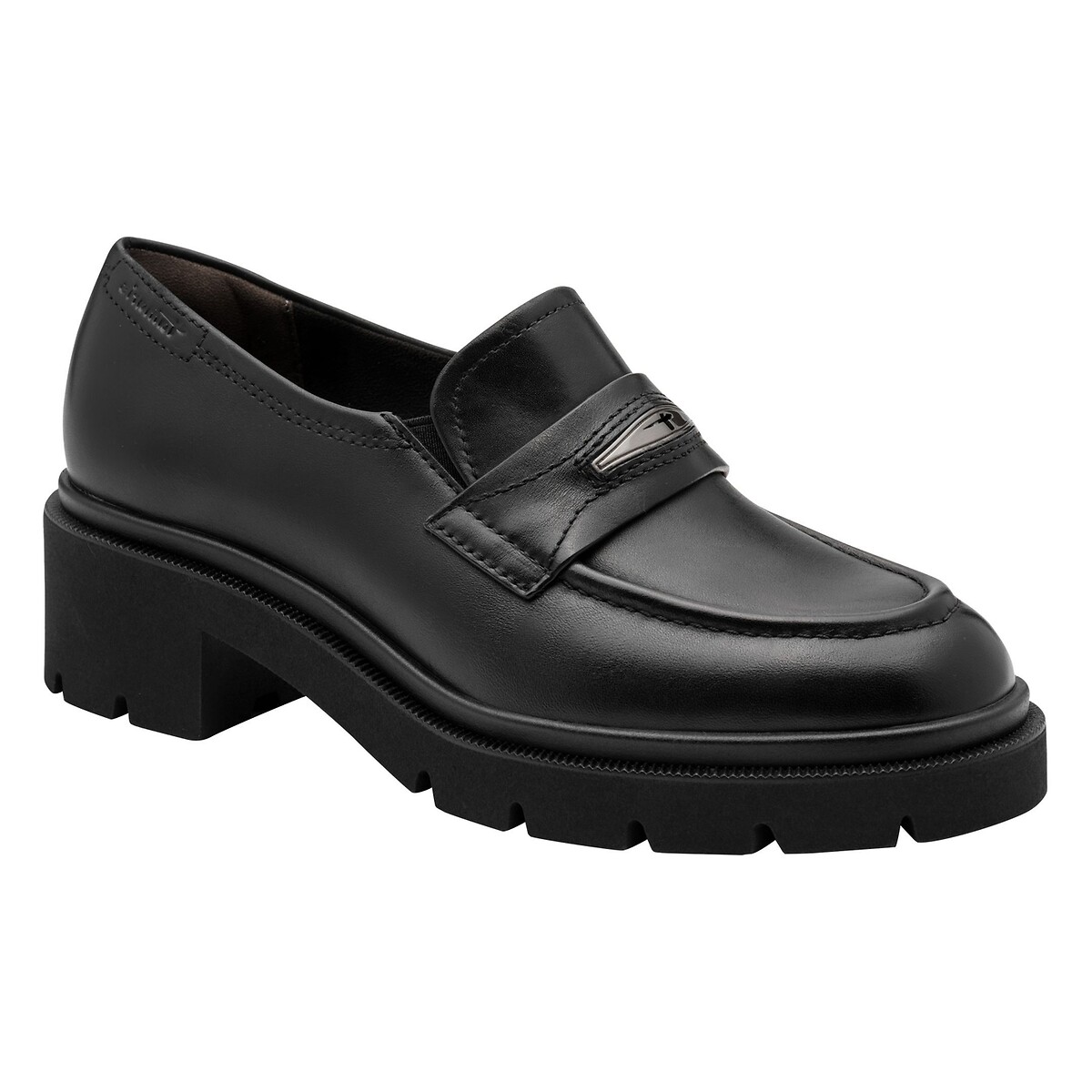 Mocassins en cuir, talon bloc noir, TAMARIS