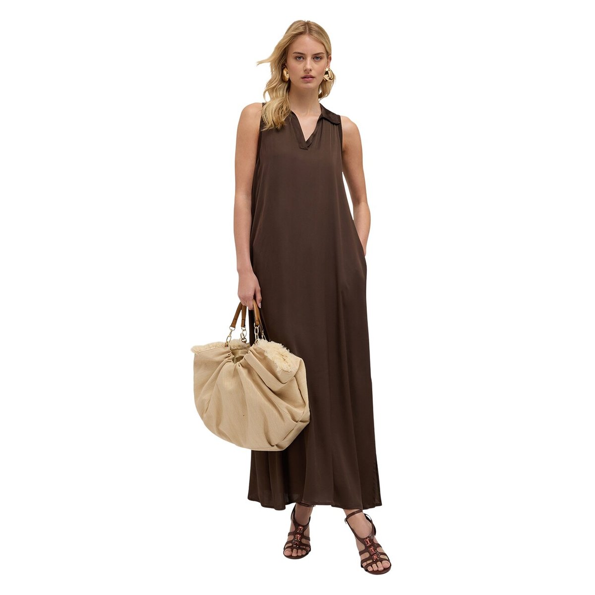 Robe longue avec col en satin jaune, MOTIVI