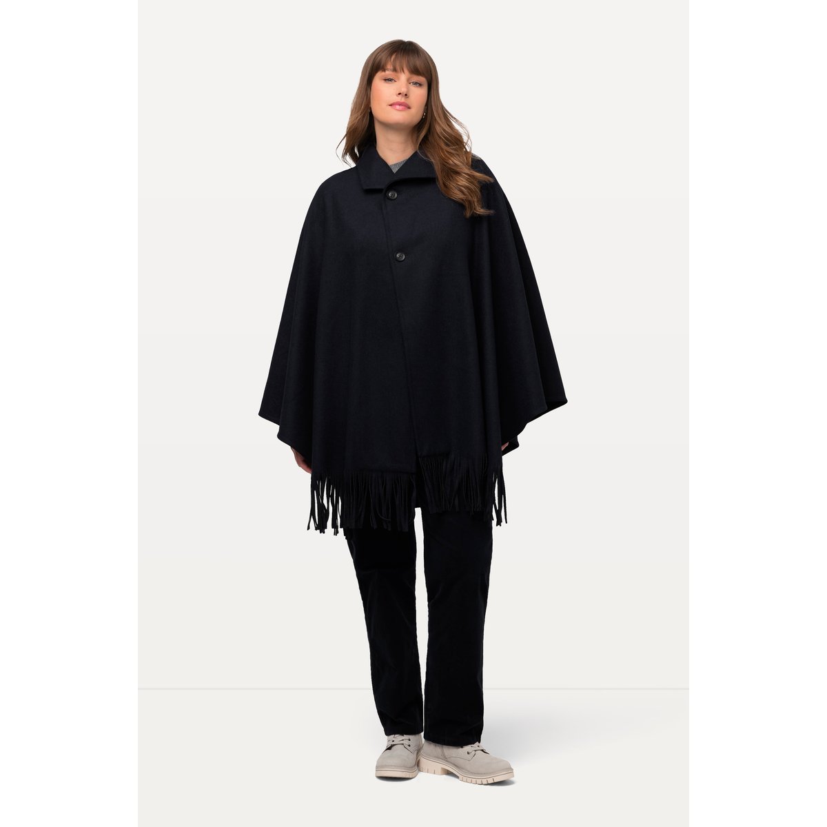Poncho en laine mélangée à col montant et marine, ULLA POPKEN