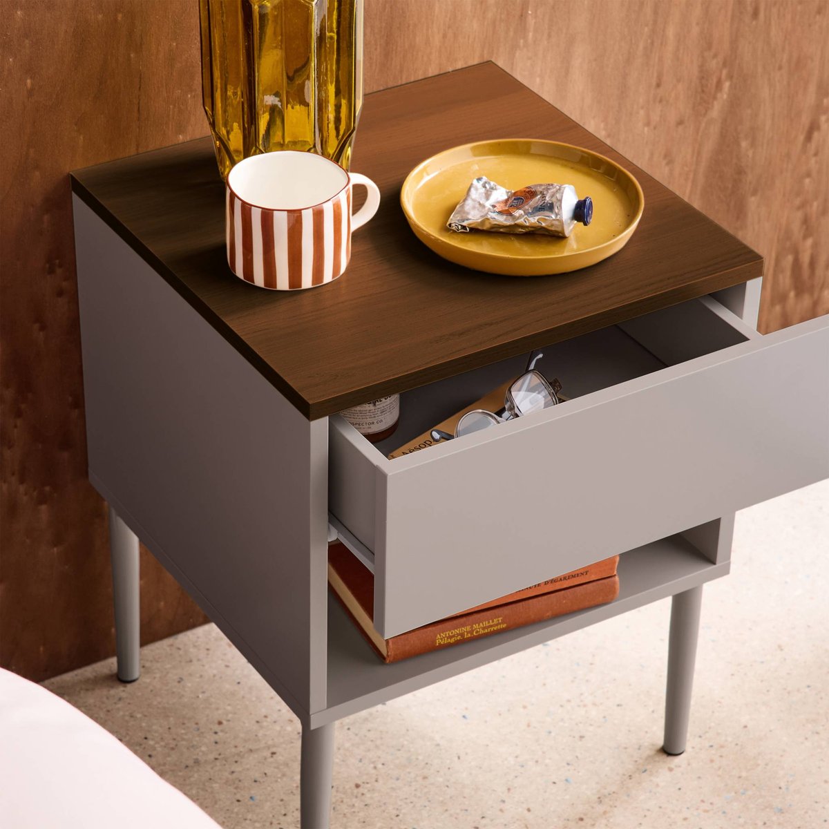Table de chevet décor bois piétement métal 1 tiroir 1 niche  ASHTON gris, SWEEEK