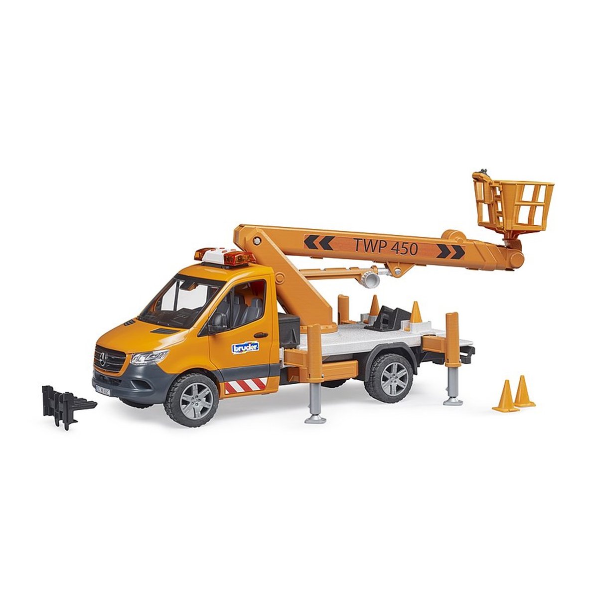 MB Sprinter avec plateforme de travail et module son + lumière orange, BRUDER