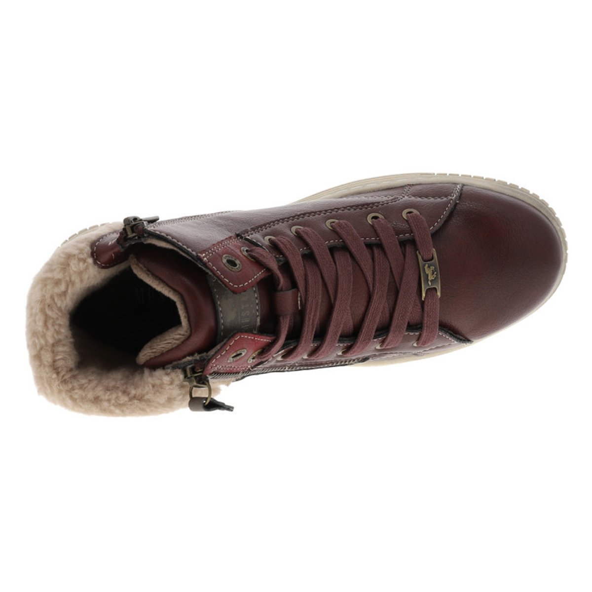 Tennis brunes à talon plat avec des lacets et un zip latéral bordeaux, MUSTANG