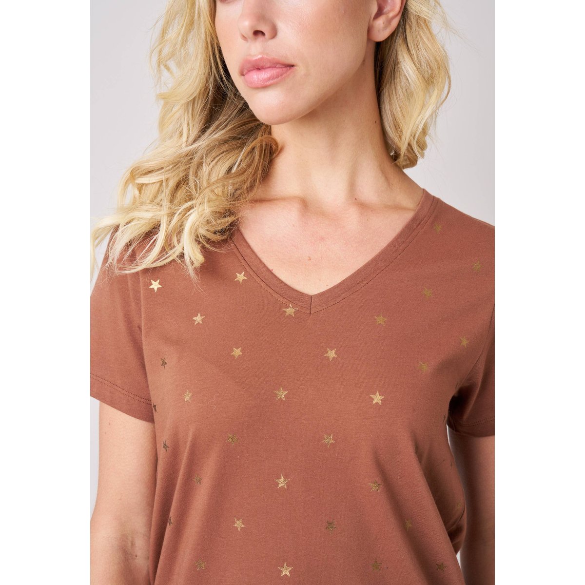 T-shirt regular femme en coton stretch imprimé étoiles FLORIA whisky, DEELUXE
