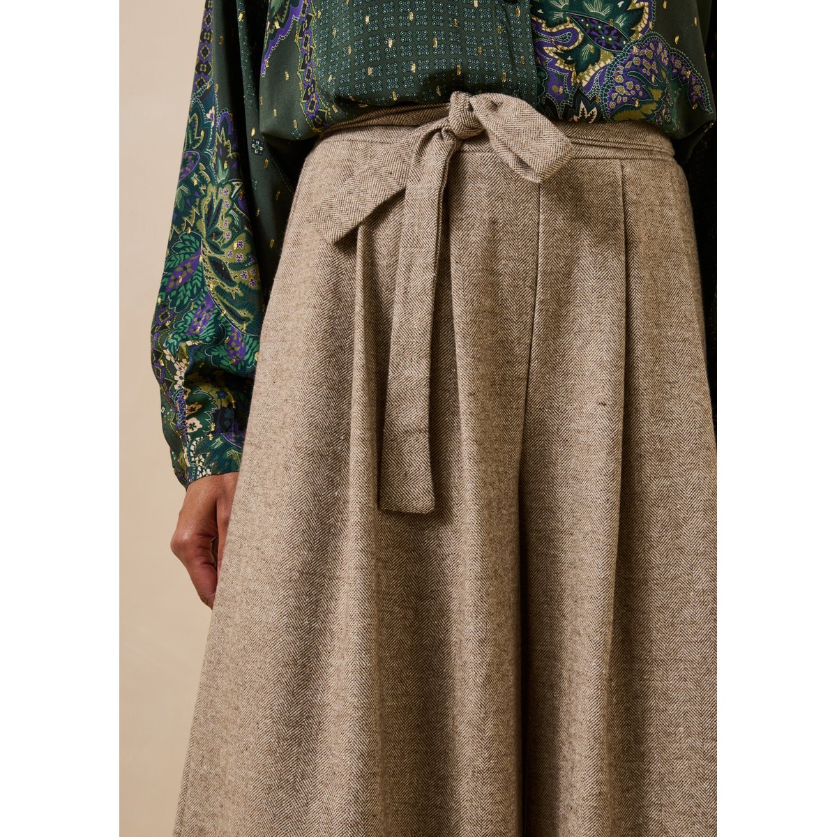 Pantalon jupe culotte 7/8ème en tweed greige, LA FEE MARABOUTEE