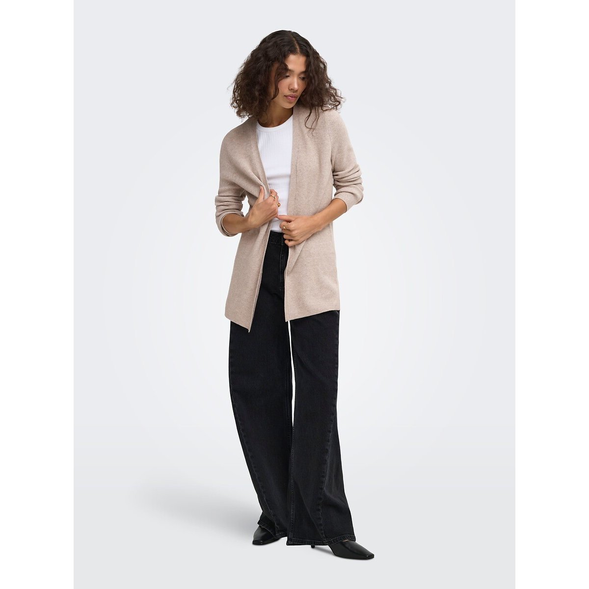 Cardigan de mangas compridas e comprimento médio creme, ONLY